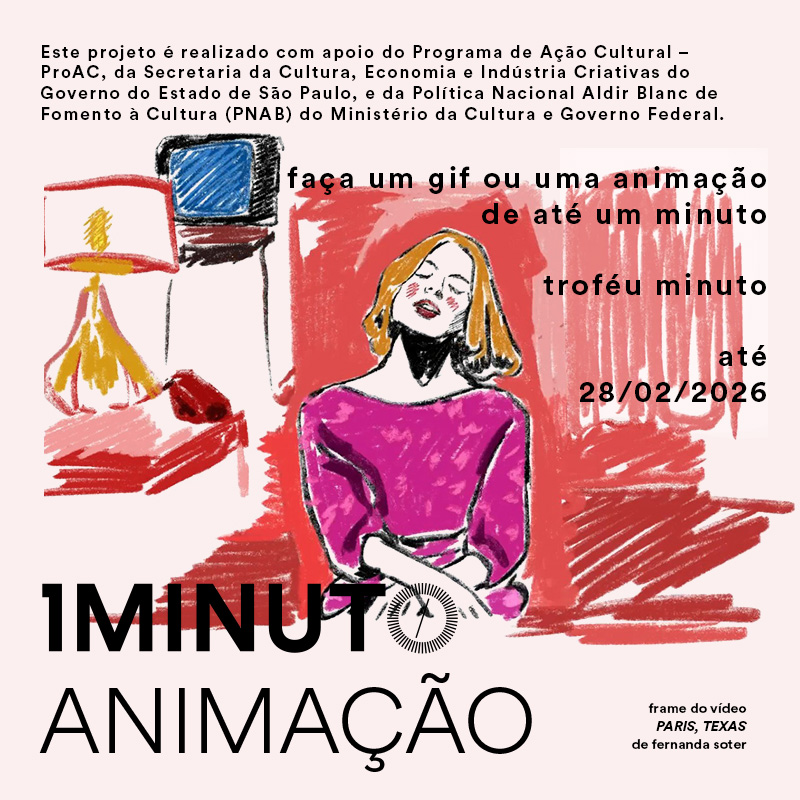 Banner do concurso de Animação do Festival do Minuto. Crie uma animação de até 60 segundos em qualquer técnica.  Inscrições até 28 de fevereiro de 2026.