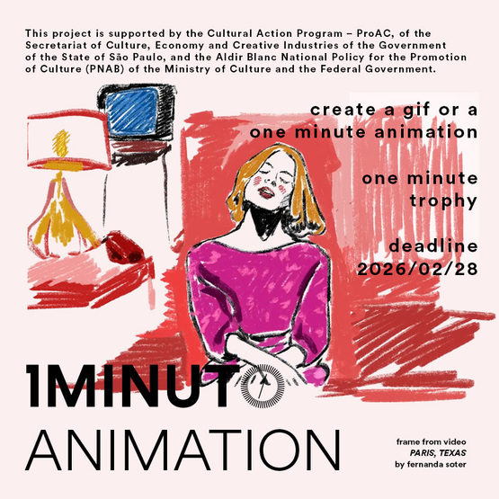Banner for the Animation contest of the One Minute Festival. Submit an animation up to 60 seconds using any technique. Deadline 2026/02/28.
