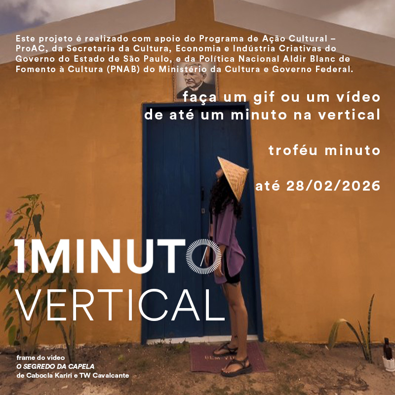 Banner do concurso Minuto Vertical do Festival do Minuto. Envie um vídeo ou GIF de até 60 segundos em formato vertical (9:16). Inscrições até 28 de fevereiro de 2026.