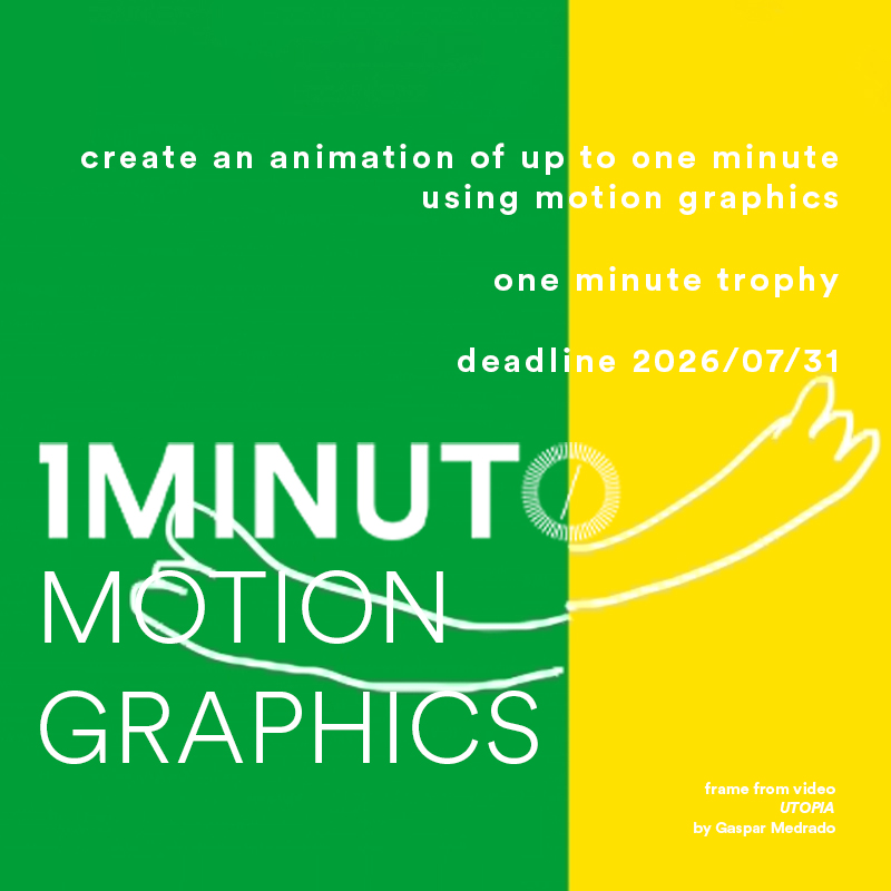 Banner for the Motion Graphics contest. Create an animation of up to one minute using motion graphics. Entries accepted until July 31, 2026.