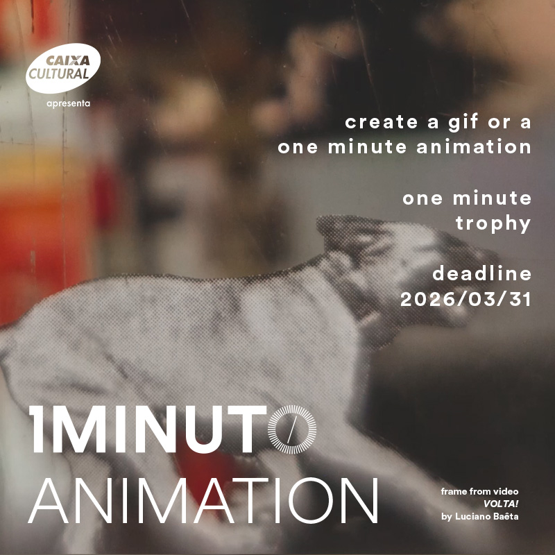 Banner for the Animation contest of the One Minute Festival. Submit an animation up to 60 seconds using any technique. Deadline 2026/03/31.