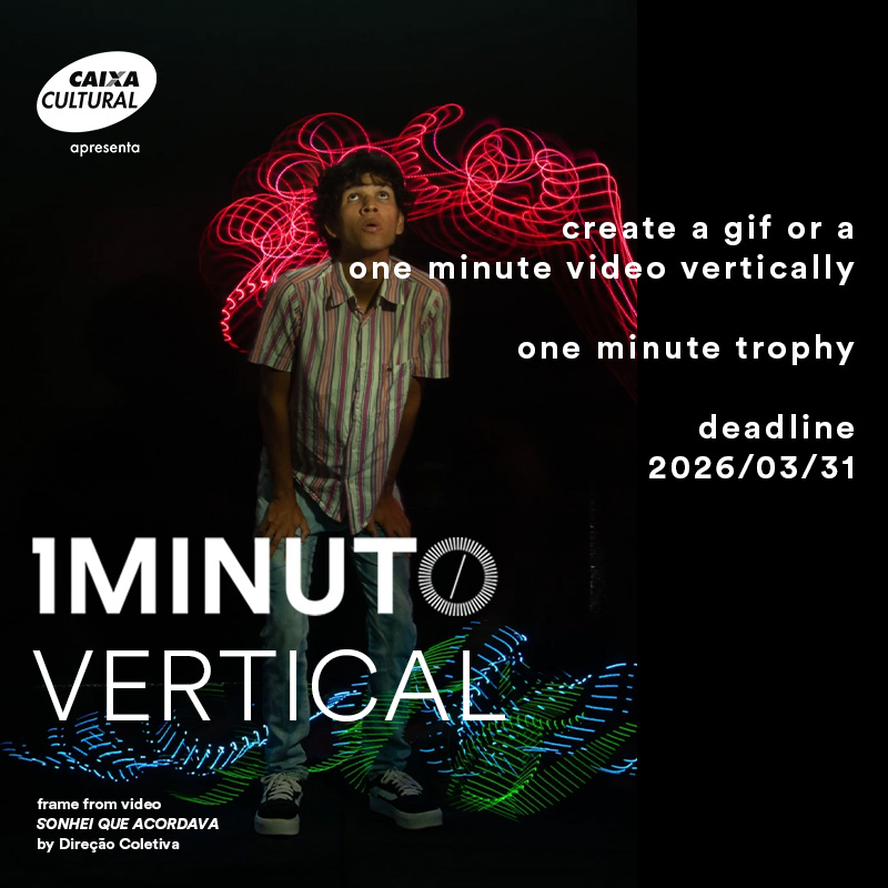 Banner for the Vertical Minute contest of the One Minute Festival. Submit a video or GIF up to 60 seconds in vertical format (9:16). Deadline 2026/03/31.