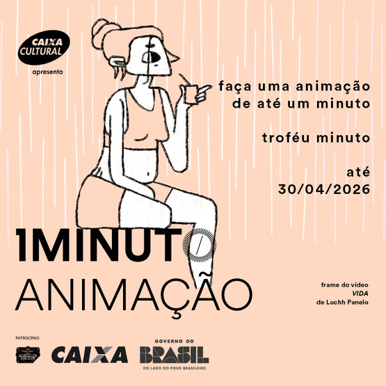 Banner do concurso de Animação do Festival do Minuto. Crie uma animação de até 60 segundos em qualquer técnica.  Inscrições até 30 de abril de 2026.