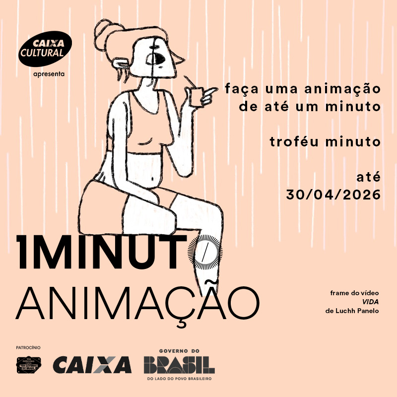 Banner do concurso de Animação do Festival do Minuto. Crie uma animação de até 60 segundos em qualquer técnica.  Inscrições até 30 de abril de 2026.