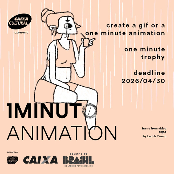 Banner for the Animation contest of the One Minute Festival. Submit an animation up to 60 seconds using any technique. Deadline 2026/04/30.