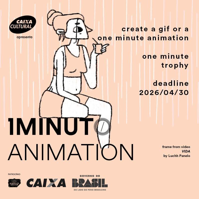 Banner for the Animation contest of the One Minute Festival. Submit an animation up to 60 seconds using any technique. Deadline 2026/04/30.
