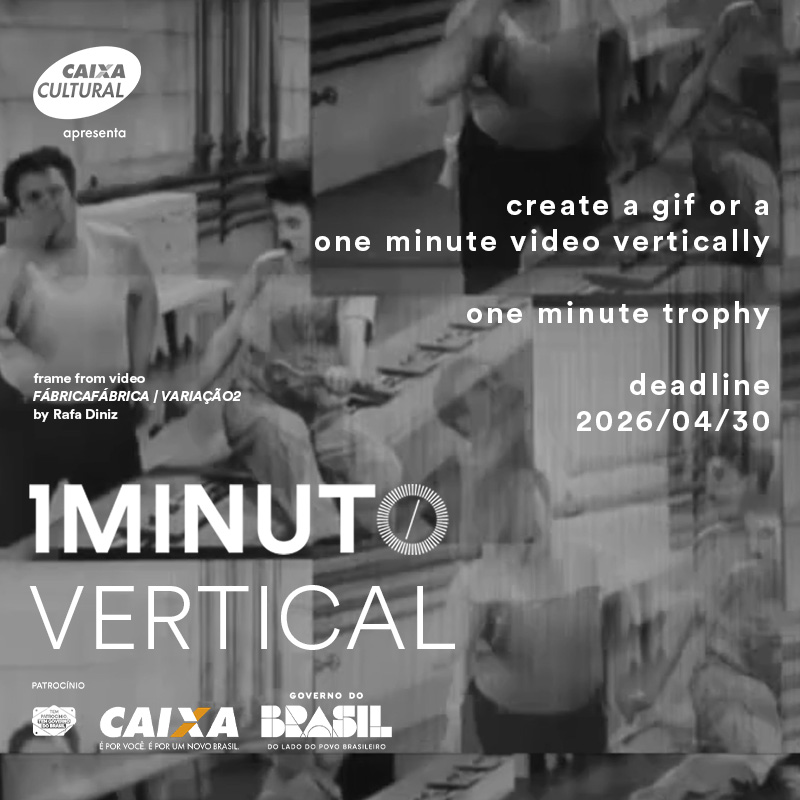 Banner for the Vertical Minute contest of the One Minute Festival. Submit a video or GIF up to 60 seconds in vertical format (9:16). Deadline 2026/04/30.