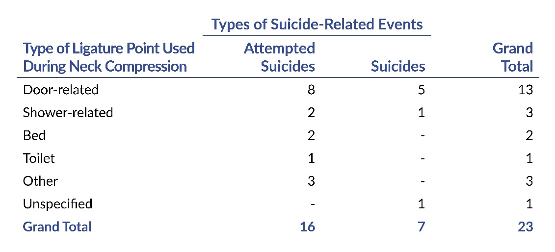 Table 5. Frequency of Attempted Suicides and Suicides by Type of Ligature Point Used During Neck Compression; N=23 PA-PSRS Event Reports.