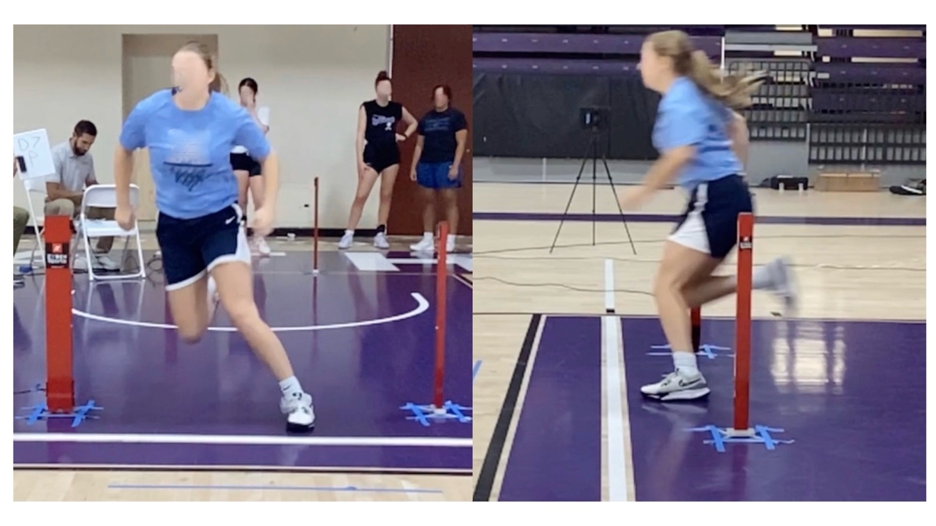 A collage of a person running on a purple court Description automatically generated