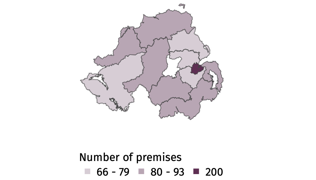Map of Northern Ireland showing Local Government Districts coloured by number of grocery premises in scope of volume restrictions.