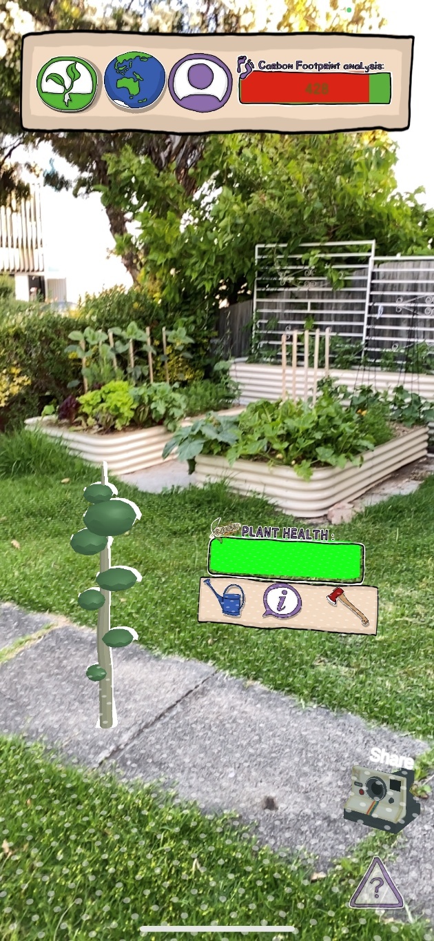 A Virtual Footprints app screen over a suburban community garden with raised beds. A cartoon digital plant stands on the lawn at left. At the top, a bar labelled "Carbon Footprint analysis" shows a mostly red carbon footprint gauge reading "428"; lower down, a green "PLANT HEALTH" bar sits above tool icons for a watering can, an information button, and an axe. A camera icon labelled "Share" appears at lower right.