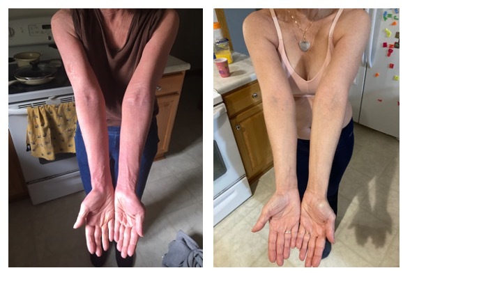 A collage of a person with her hands on the floor Description automatically generated