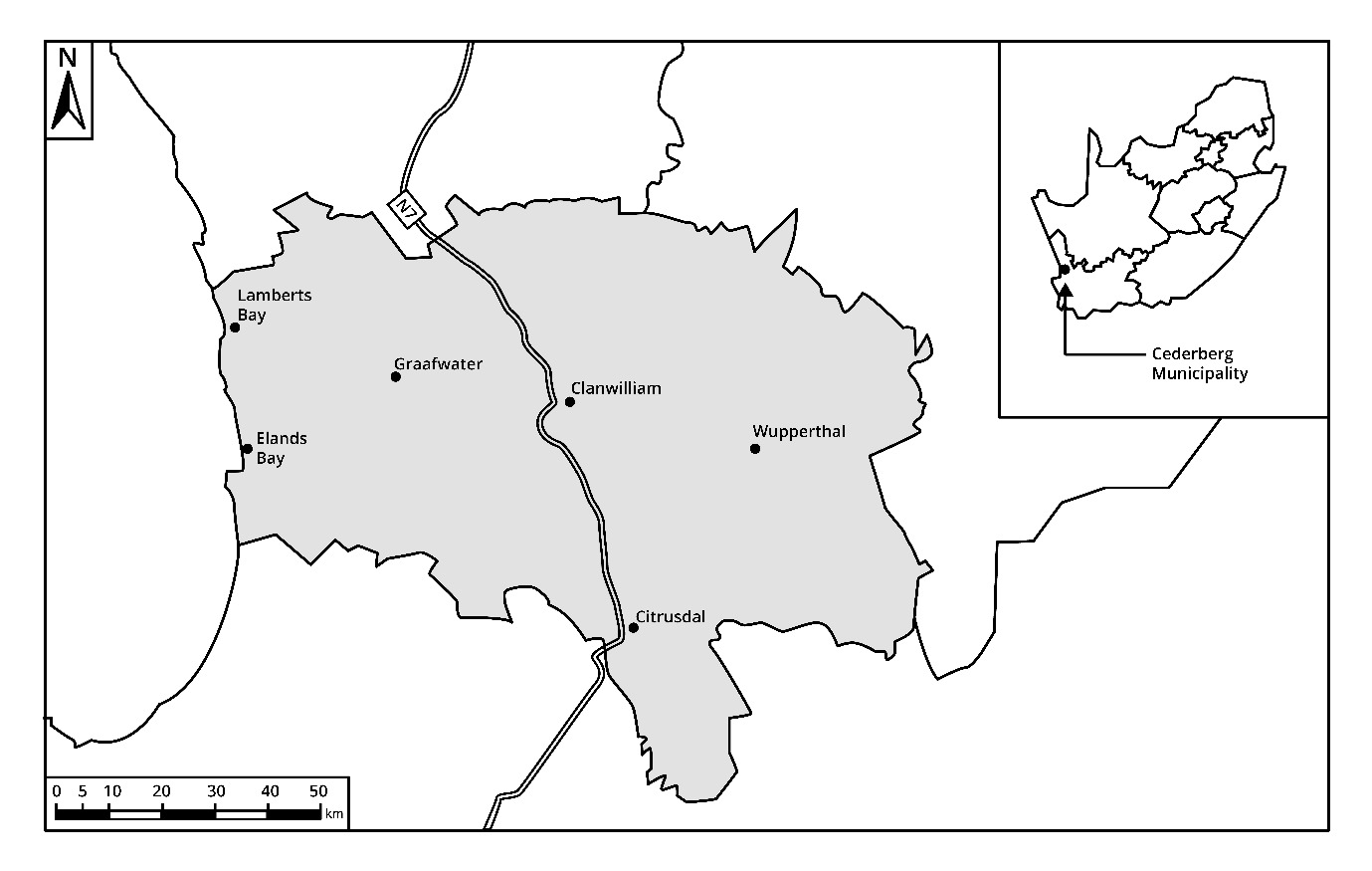 Map of the Cederberg subdistrict, Western Cape, showing the location of six primary care facilities across the main towns and surrounding area, with an inset locator map of South Africa.