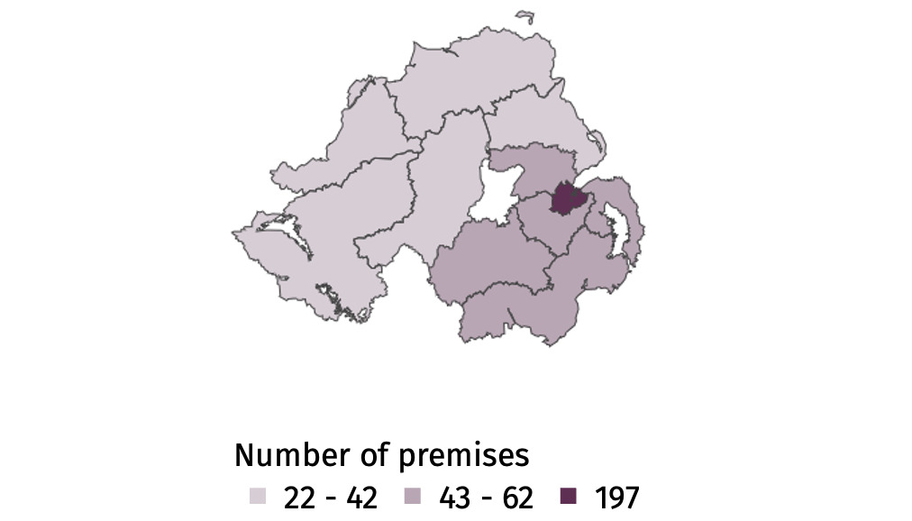 Map of Northern Ireland showing Local Government Districts coloured by number of out of home premises in scope of restrictions on free drink refill promotions.