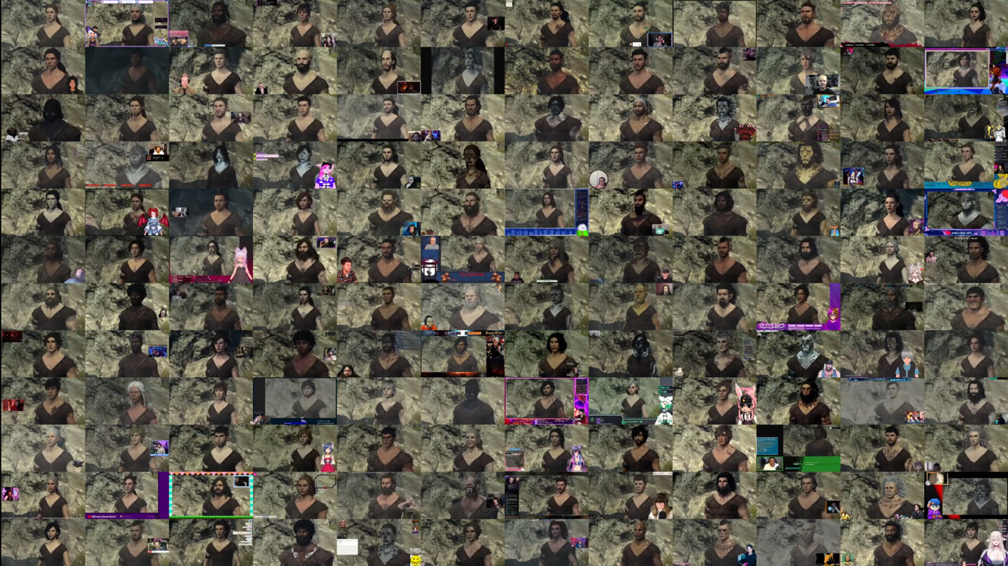144 different streams of Dragon's Dogma 2 laid out in a 12x12 grid, depicting the differing player character avatars.