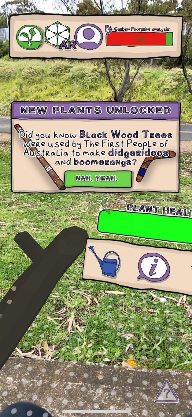 A Virtual Footprints app screen over a grassy roadside, showing a cartoon information pop-up headed "NEW PLANTS UNLOCKED." The pop-up text reads "Did you know Black Wood Trees were used by The First People of Australia to make didgeridoos and boomerangs?" beside cartoon images of a didgeridoo and a boomerang, with a green button labelled "NAH, YEAH" that dismisses the pop-up. A partly visible "PLANT HEALTH" bar and a watering-can icon appear below, while a mostly red carbon footprint gauge at the top reads "446."