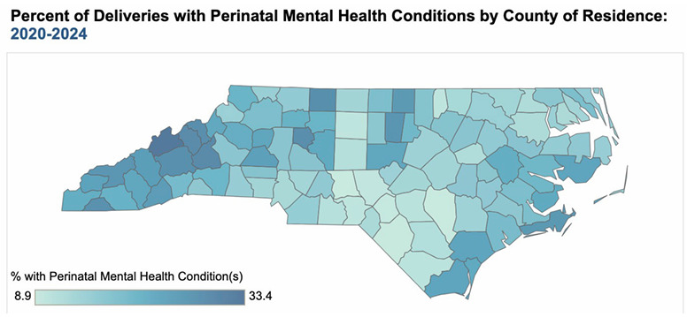 The image displays a map illustrating the percentage of deliveries with perinatal mental health conditions across various counties in a specific region for the years 2020 to 2024. AI-generated content may be incorrect.