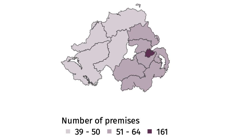 Map of Northern Ireland showing Local Government Districts coloured by number of non-grocery retail premises in scope of volume restrictions.