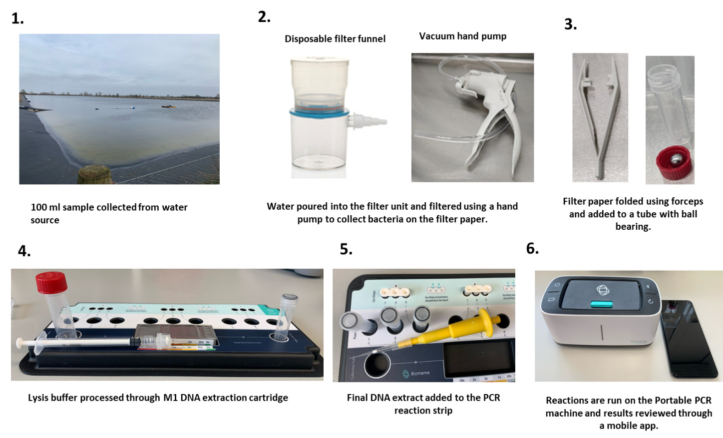 Workflow for the final method of on-site detection of E. coli in irrigation water, covering steps from sampling to running the portable real-time PCR