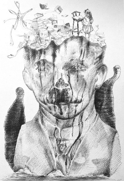 A drawing of a person with horns Description automatically generated