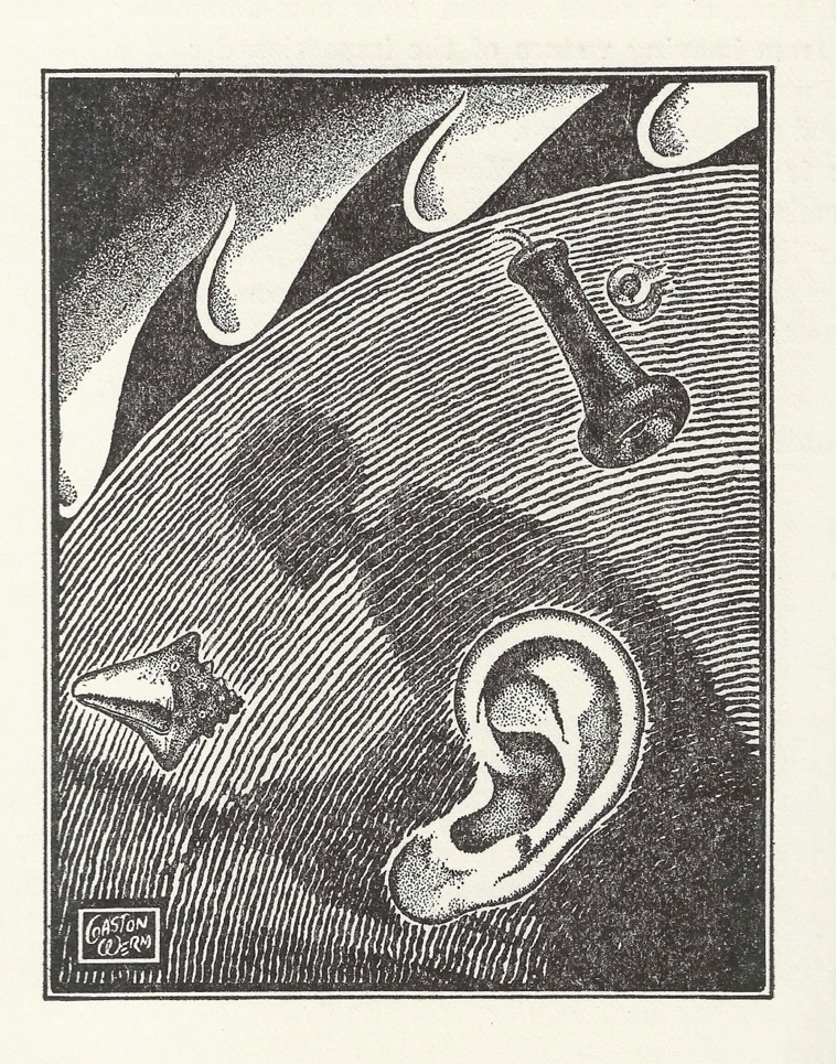 A black and white illustration of a human ear and a flame Description automatically generated