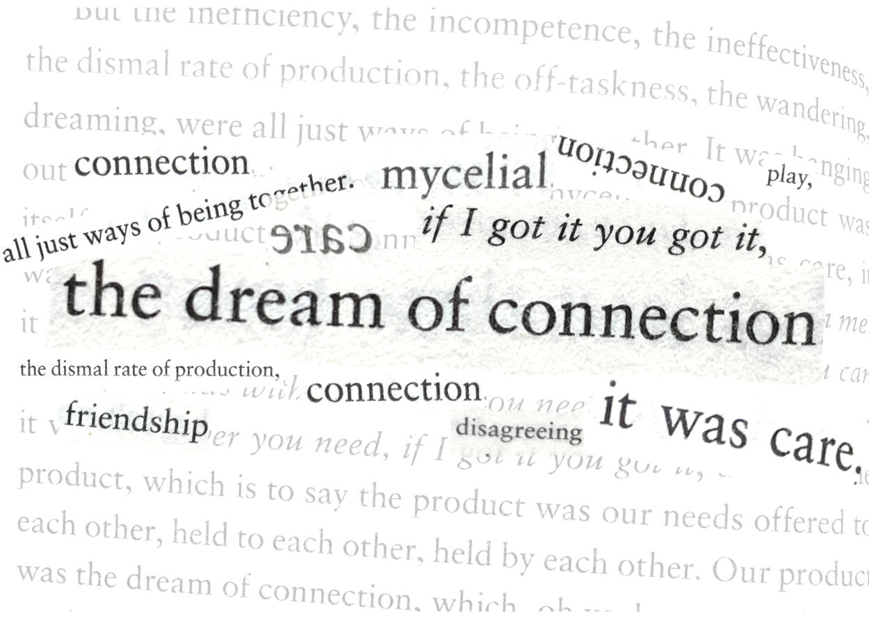 A collage of words from the block quote (below) from Ross Gay's book of essays, Inciting Joy. Prominent in the middle are the words, “the dream of connection.”