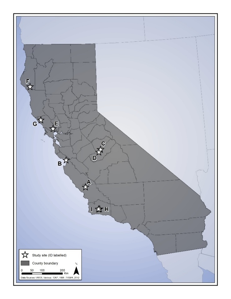 A map of California has stars to indicate the location of each of the nine study sites.
