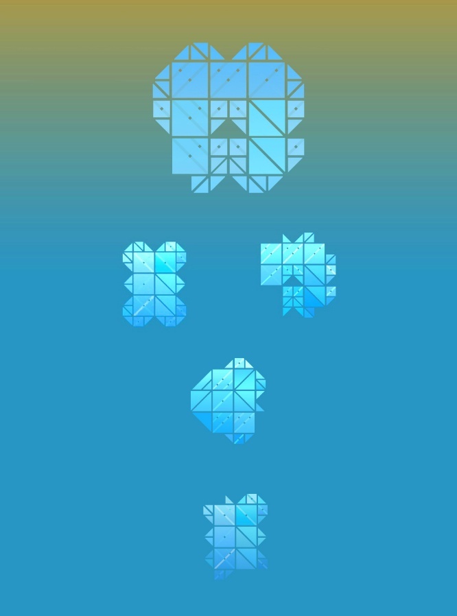 Five clusters of faceted geometric shapes in shades of blue and teal, each made of small triangles and squares with scattered dots, arranged vertically at different sizes against a blue-green gradient background. Each cluster is a digital seed form generated through gameplay.