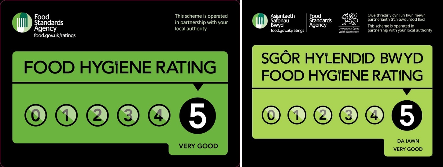 Two side-by-side digital graphics displaying FHRS stickers in England and Northern Ireland (left), in English, and Wales (right), in Welsh. Both highlight a rating of 5, indicating "Very Good" or "Da Iawn."