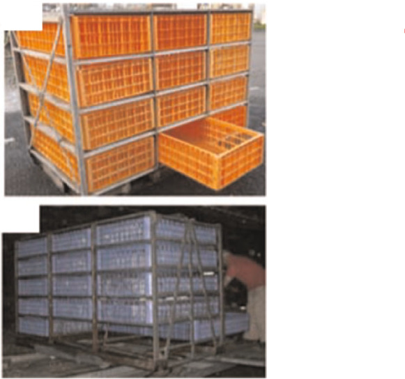 Bird transportation system of crates in a cage where the creates pull out like drawers.