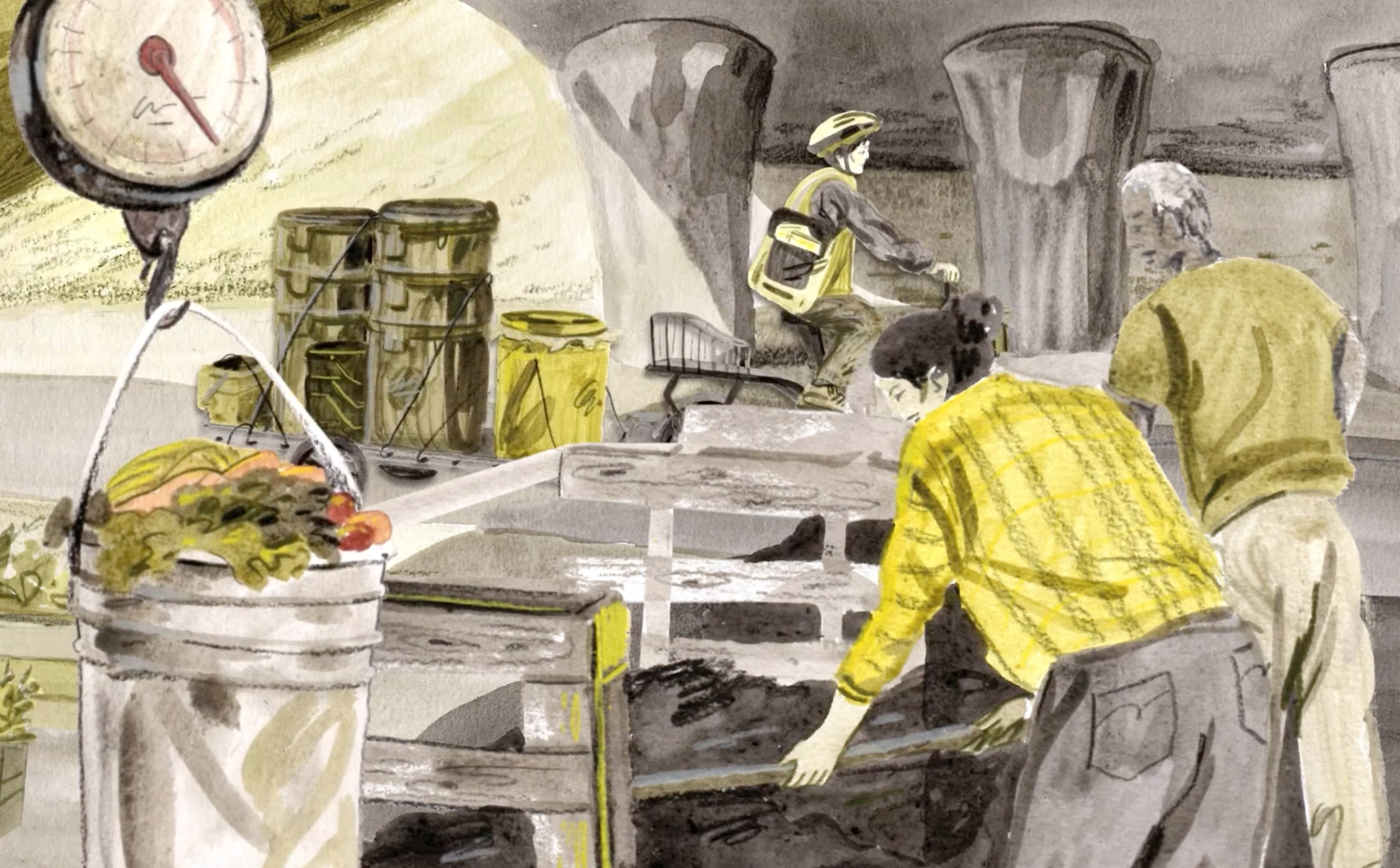 Drawing of people managing food waste.