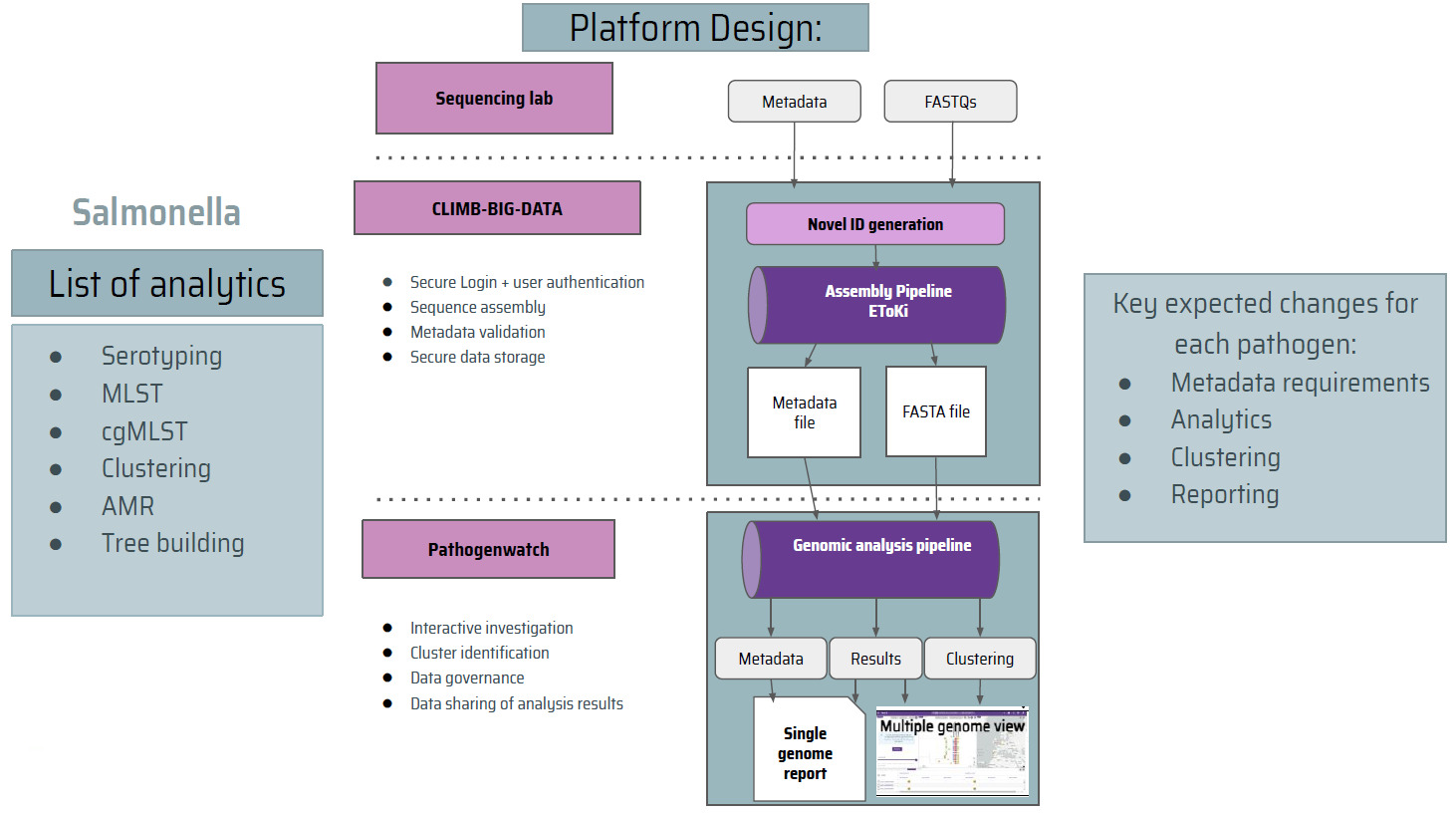 Illustration depicting components of the PATH-SAFE platform for whole genome sequencing for foodborne disease surveillance