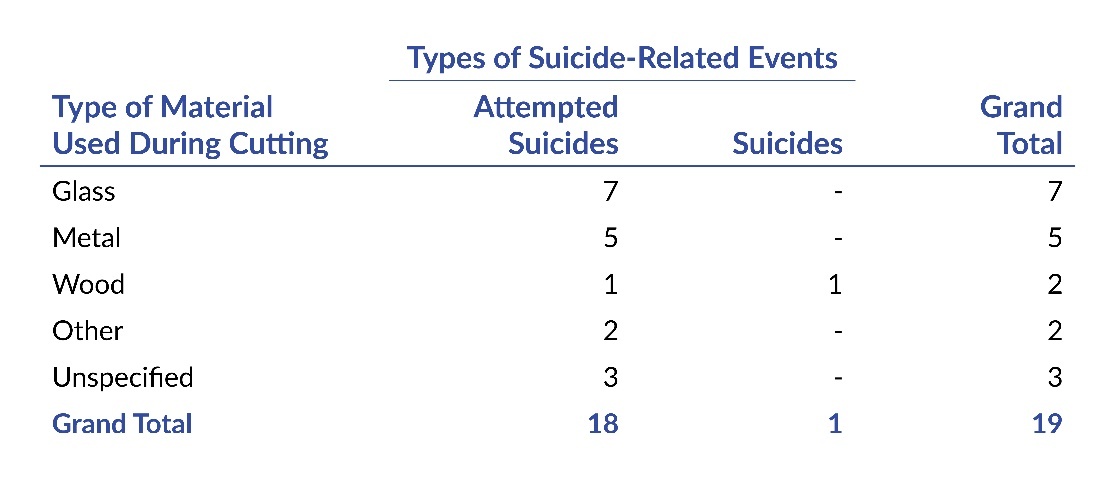 Table 6. Frequency of Attempted Suicides and Suicides by Type of Material Used During Cutting; N=19 PA-PSRS Event Reports.