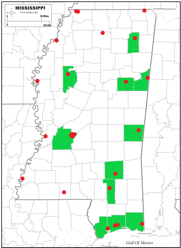 A map of mississippi with red dots Description automatically generated