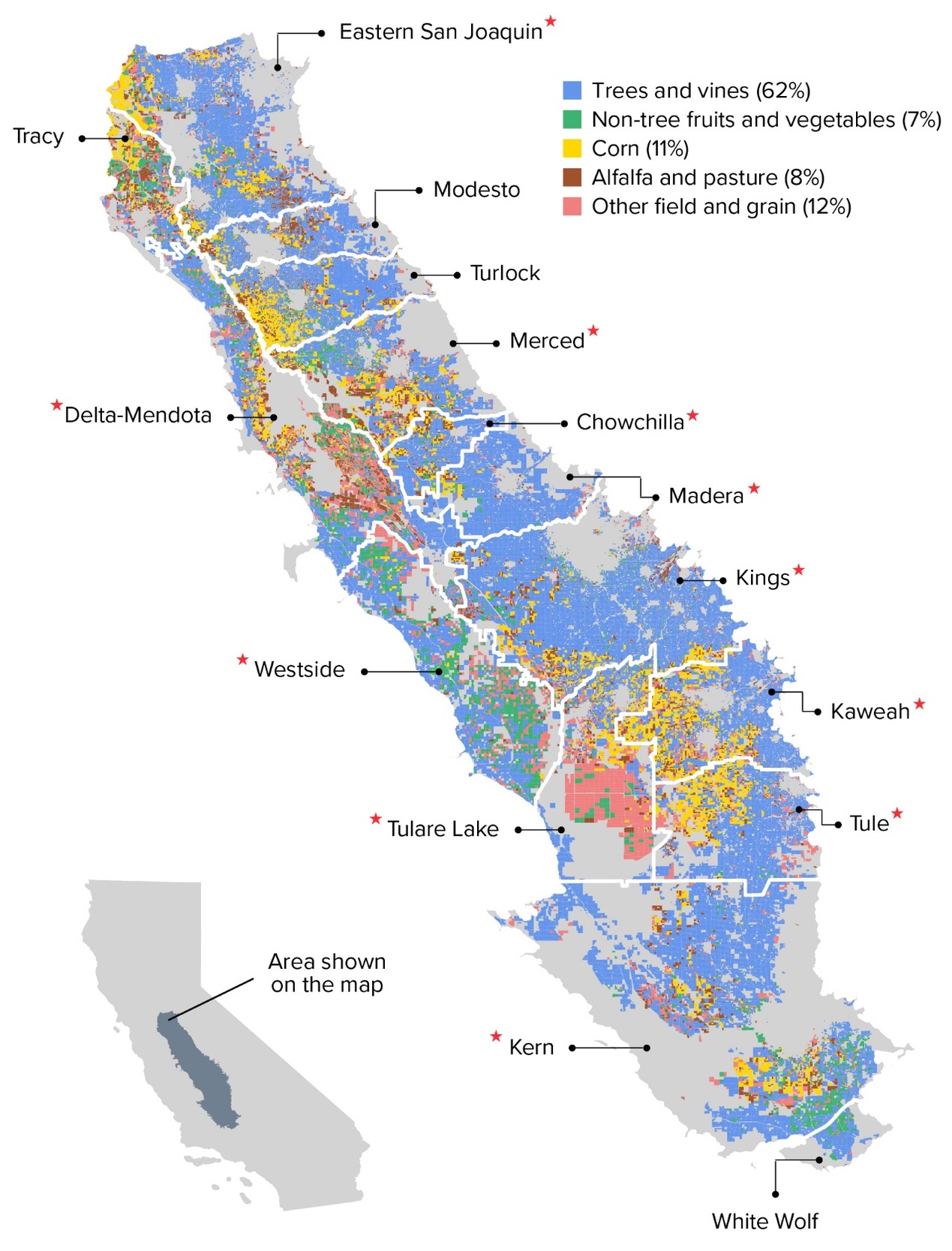 A map of the groundwater basins in the San Joaquin Valley overlaid with colored parcels shows the types of irrigated crops grown there. It shows a large amount of tree and vineyard crops grown along the eastern edge of the valley.