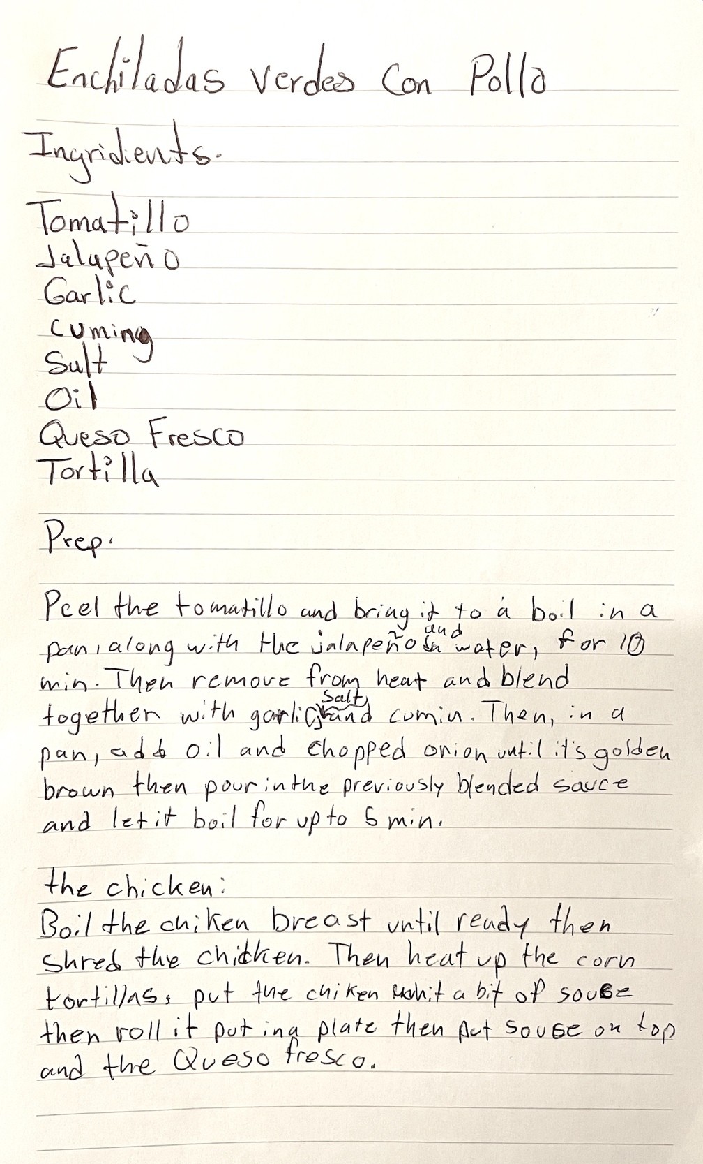 A recipe for enchiladas verdes con pollo, handwritten on a lined piece of paper.