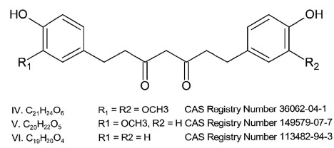 Figure 1 shows the generic structural formula of the three tetrahydrocurcuminoids composing the novel food, and includes the chemical formulae for the three different R groups