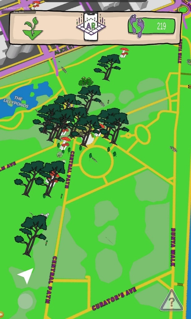 An overhead map view in the Virtual Footprints app, showing a stylized green park crossed by yellow paths labelled with real street names such as "CENTRAL PATH" and "CURATOR'S AVE," with a pond marked "THE LILLYPONDS." Clusters of cartoon trees, planted by players, are scattered across the map; a top bar shows a tree-planting icon, an "AR" mode button, and a footprint counter on green reading "219".