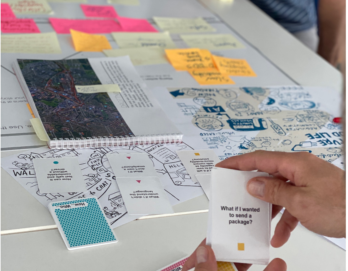 Notebook, cards, sticky notes, and other materials from a co-design session.