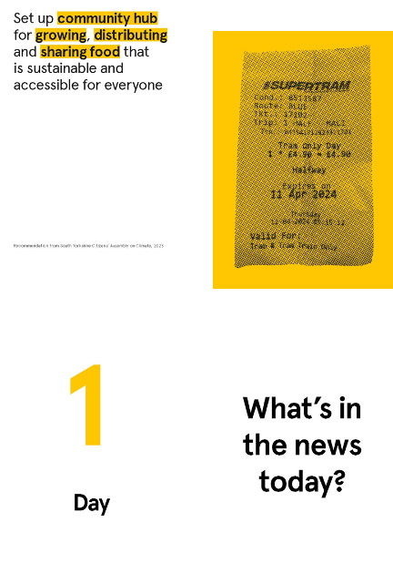 A selection of scenario-making cards: a recommendation, a tram ticket, 1 day and 'what's in the news today'?