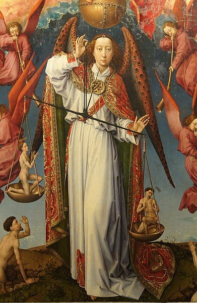 A painting of an angel with a sword Description automatically generated