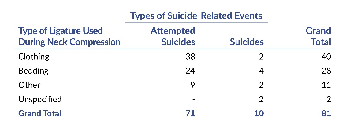 Table 4. Frequency of Attempted Suicides and Suicides by Type of Ligature Used During Neck Compression; N=81 PA-PSRS Event Reports.