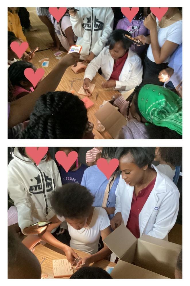 Two photographs show a group of Black girls gathered around Dr. Fiya in a white lab coat distributing items for a suturing demonstration.