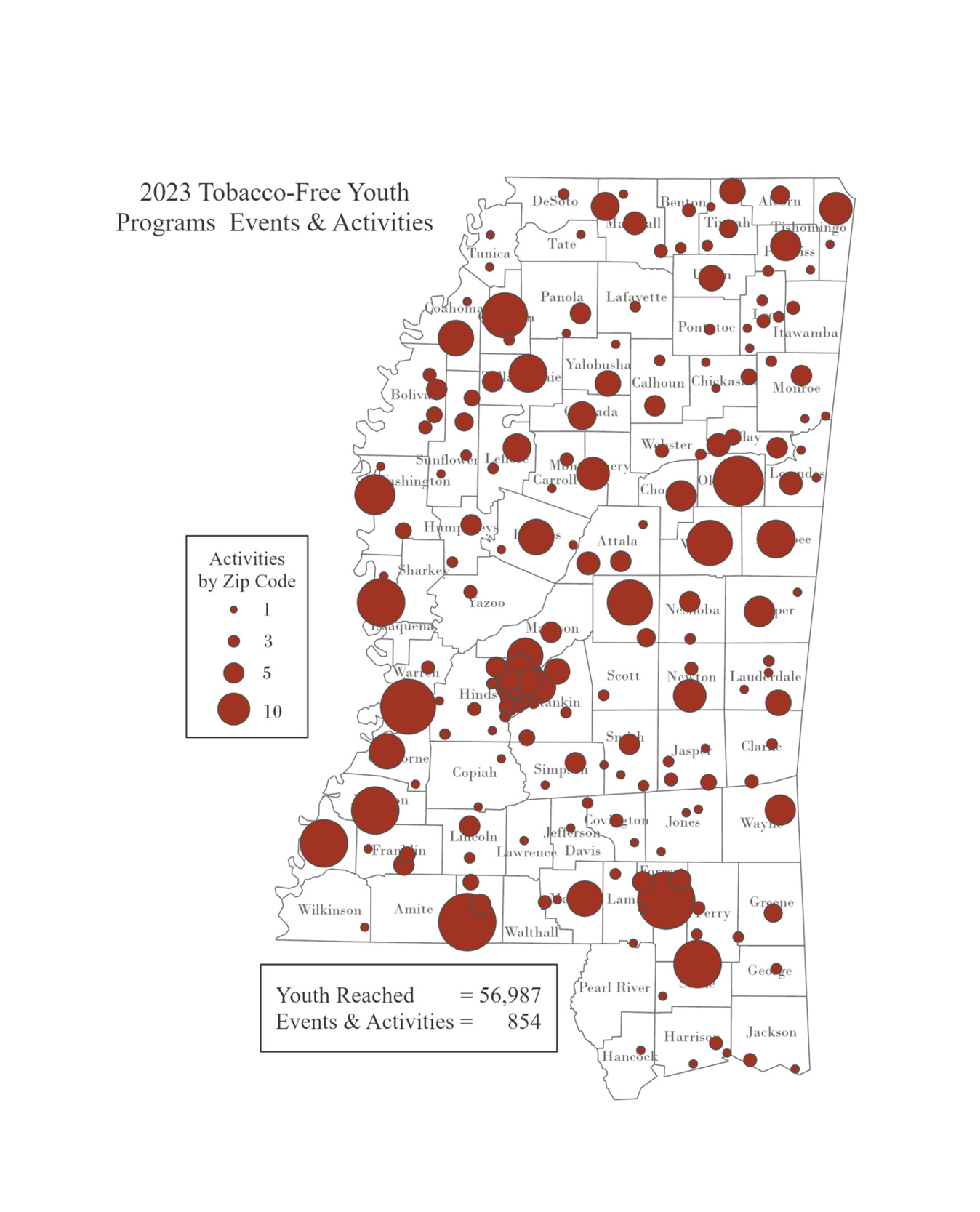 A map of the state of mississippi with red dots Description automatically generated
