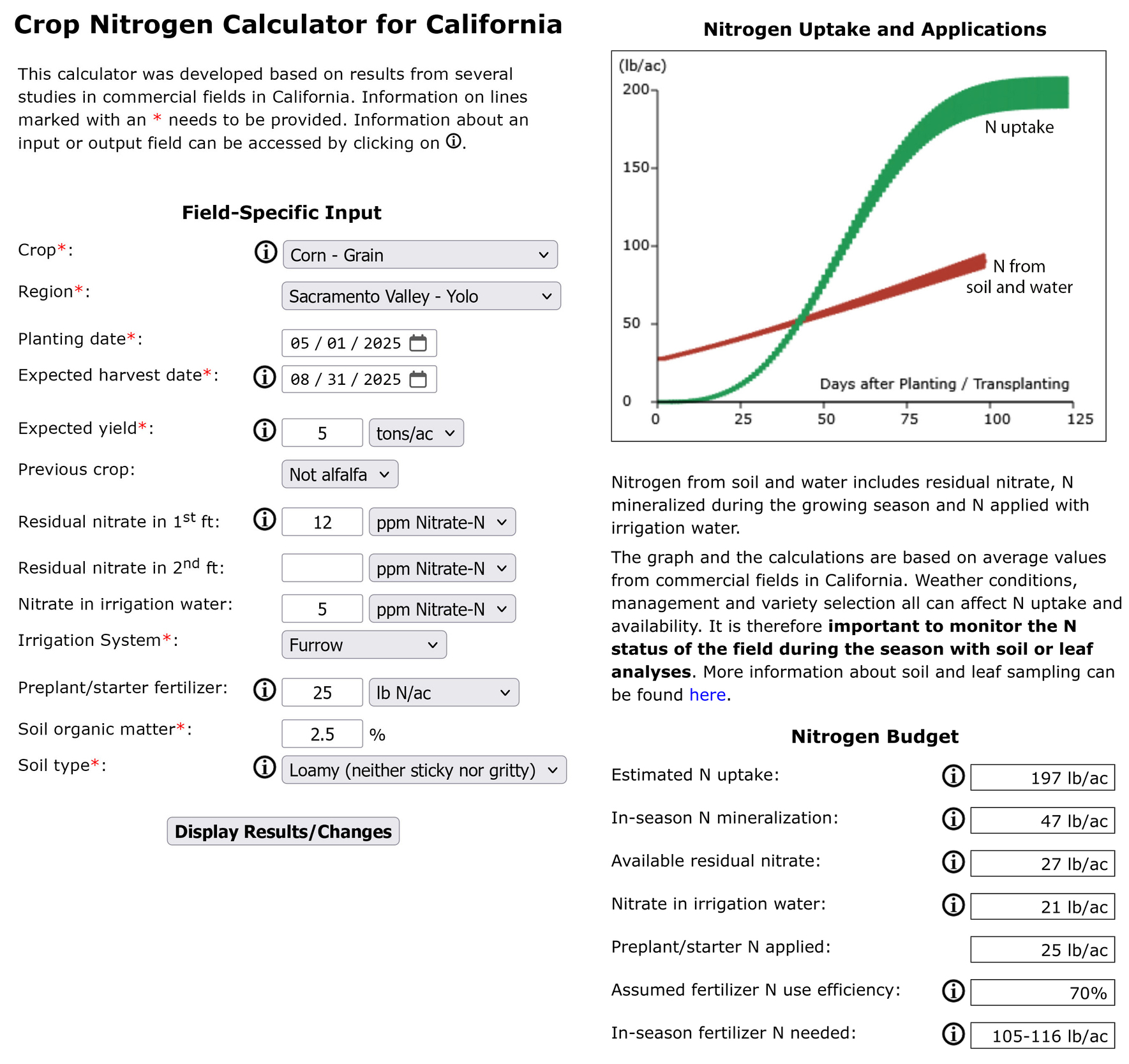 A screenshot from the web tool shows dropdown menus and input fields (crop, planting date, residual nitrate, etc.) on the left, and a line graph on the right that displays nitrogen uptake and applications. The online calculator helps calculate site-specific nitrogen budgets for several crops grown in California.