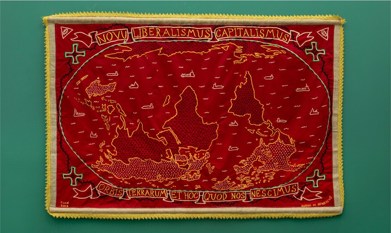 A red and yellow banner with a map Description automatically generated