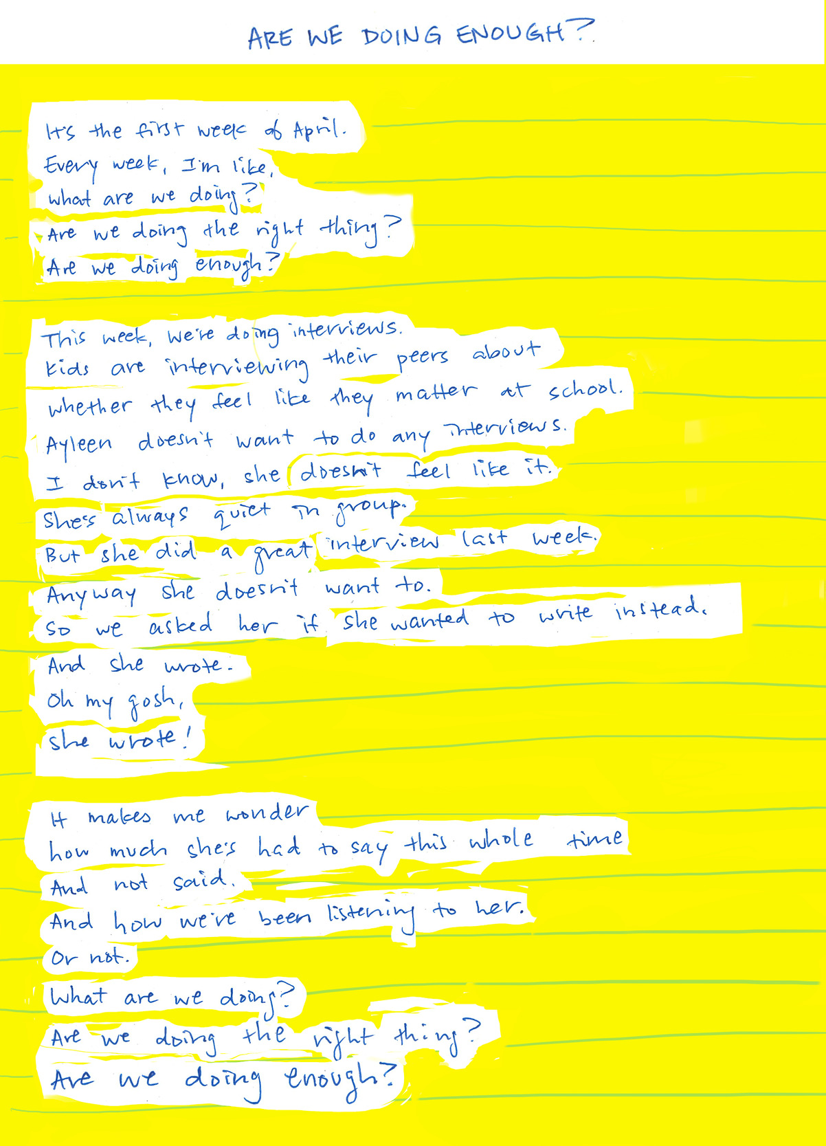 A handwritten memo, titled “Are we doing enough?” Nicole reflects on an experience with Ayleen and questions whether the research team is doing the right thing.