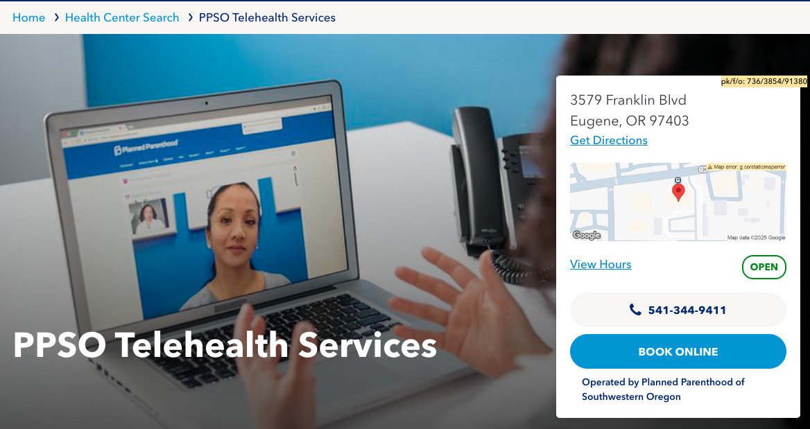 Example of a clinic page presented as telehealth-only: header titled 'PPSO Telehealth Services' with a video-visit photo at left and, at right, the clinic's address, phone, and booking link.