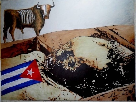 A painting of a bear and a flag Description automatically generated