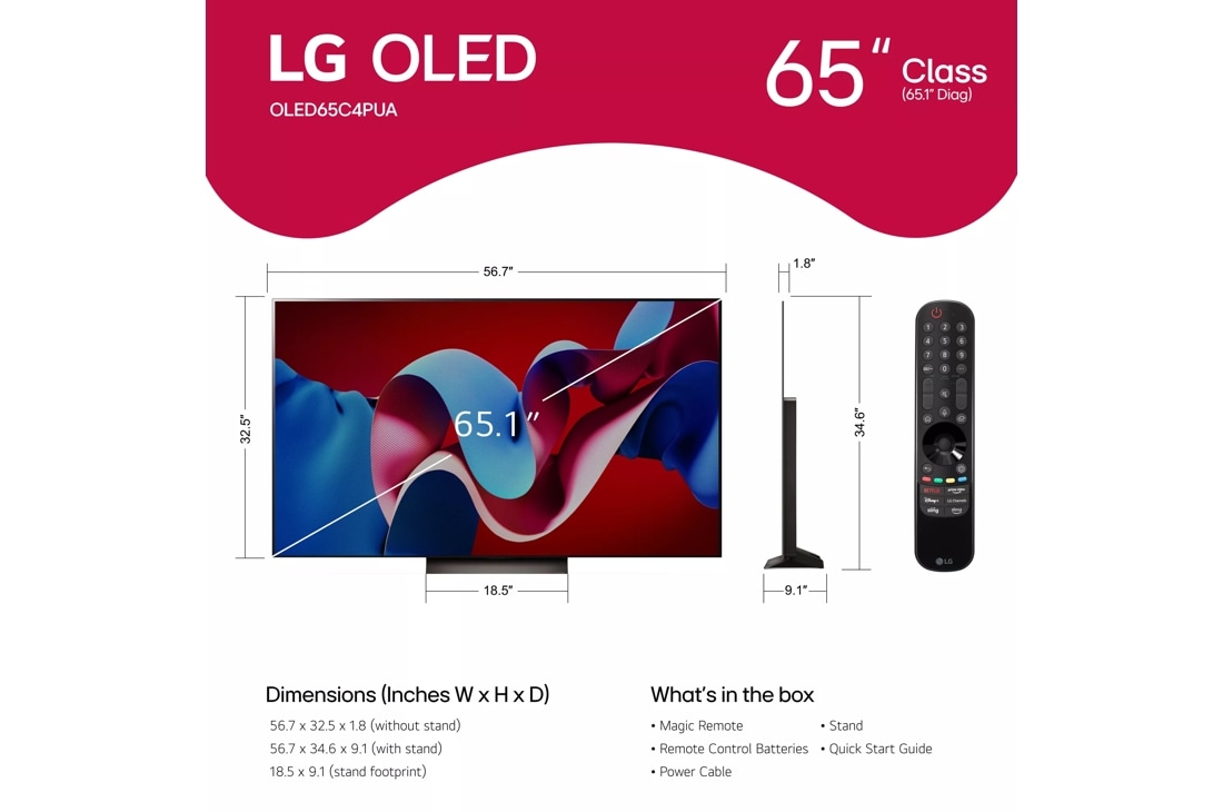 Model: OLED65C4AUA | LG Electronics 65-Inch Class OLED evo C4 Series TV with webOS 24